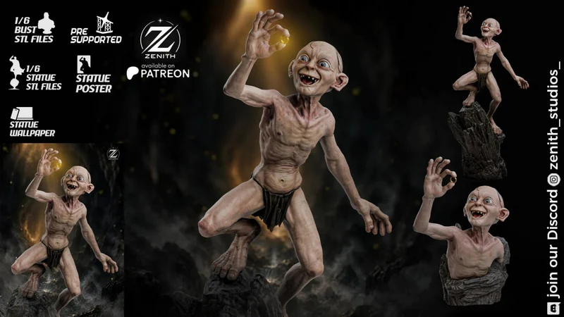 Gollum 3D model with a gaunt figure, rocky base, and bust variant