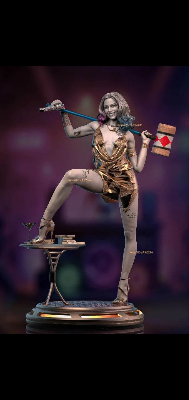 Stylized woman holding a large mallet on a detailed display base