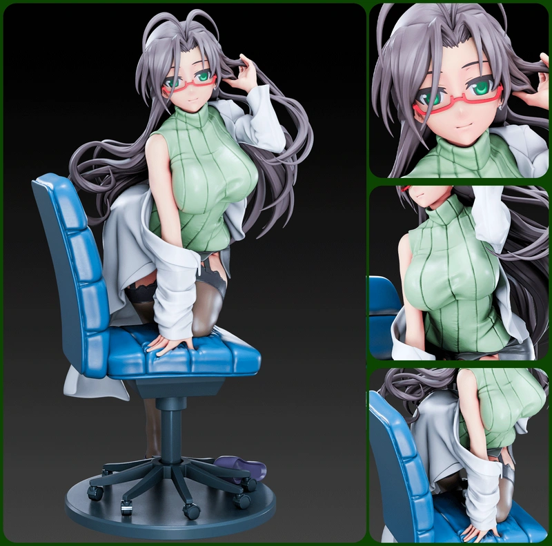 Chisato Hasegawa figure with red glasses seated on a blue office chair