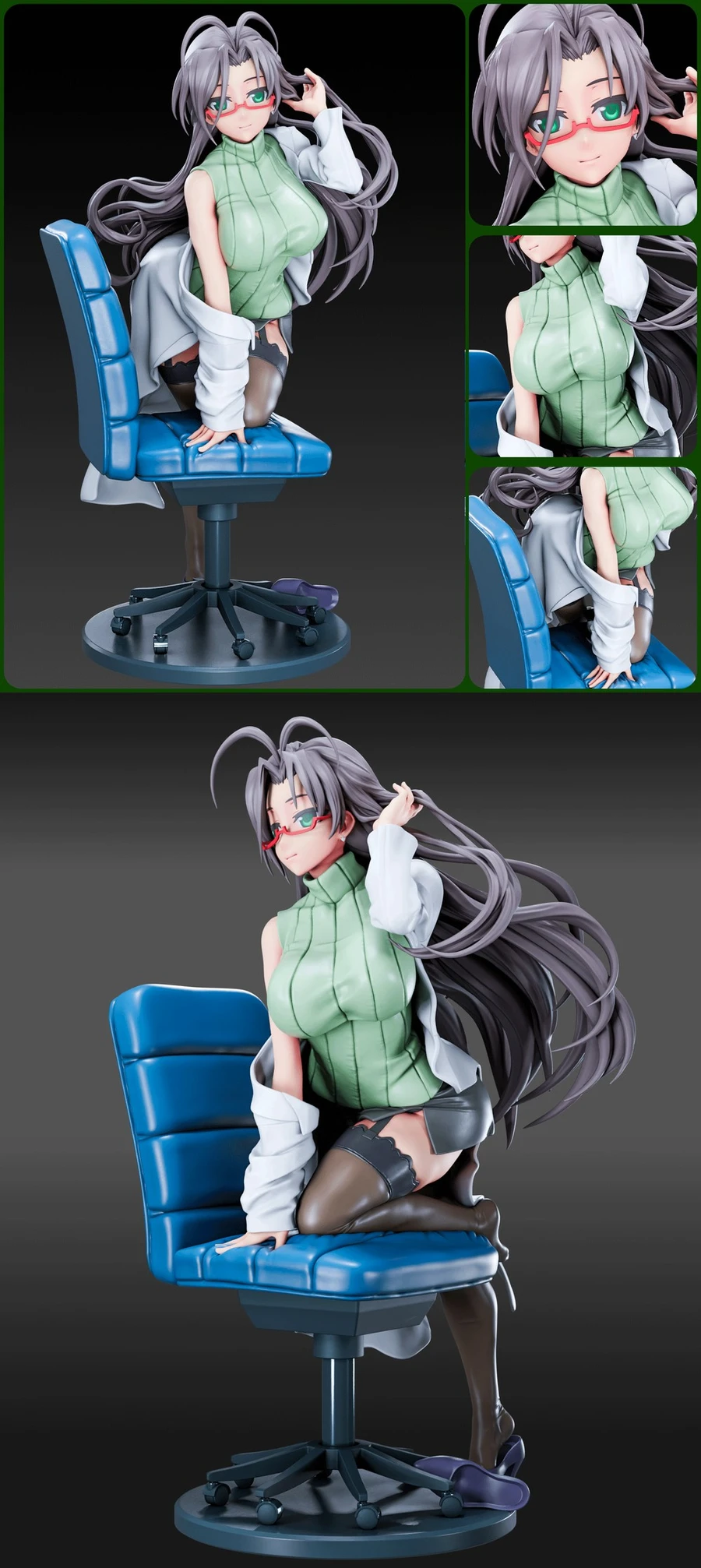 Chisato Hasegawa anime statue seated on a blue wheeled office chair
