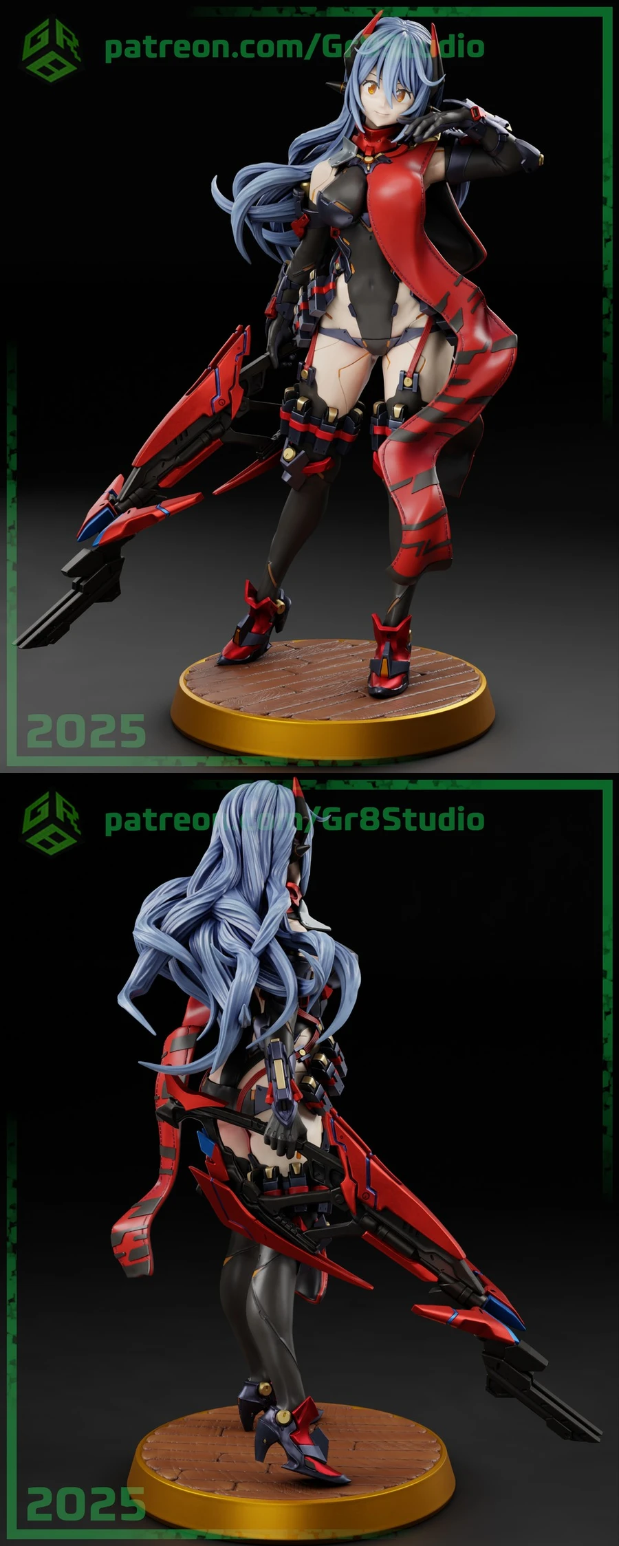 Poppi QTπ Xenoblade Chronicles 2 figure with blue hair, armor, weapon, and base