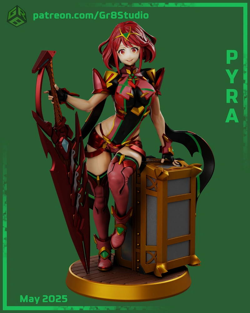 Pyra from Xenoblade Chronicles 2 with her weapon on a display base
