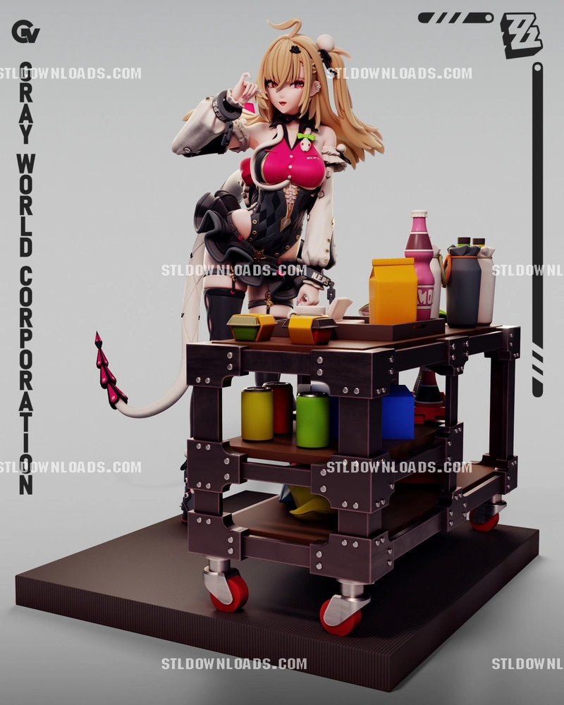 Cissia from Zenless Zone Zero beside a detailed wheeled service cart