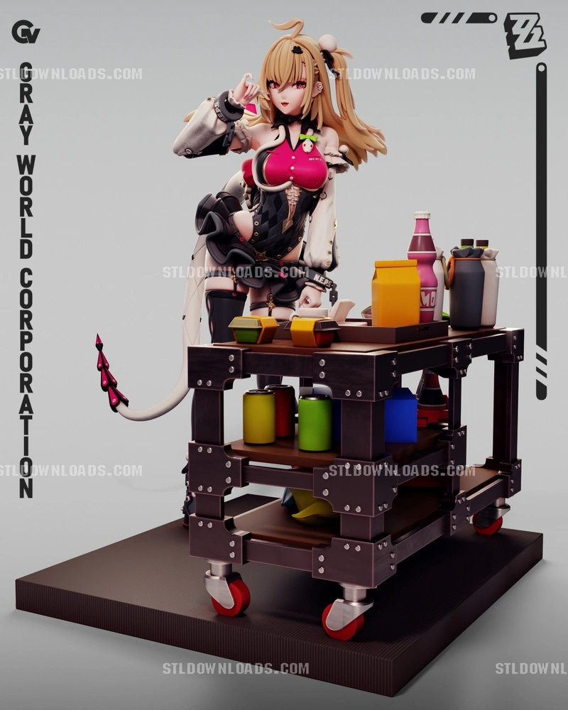 Cissia character figure with a stocked mobile drink cart