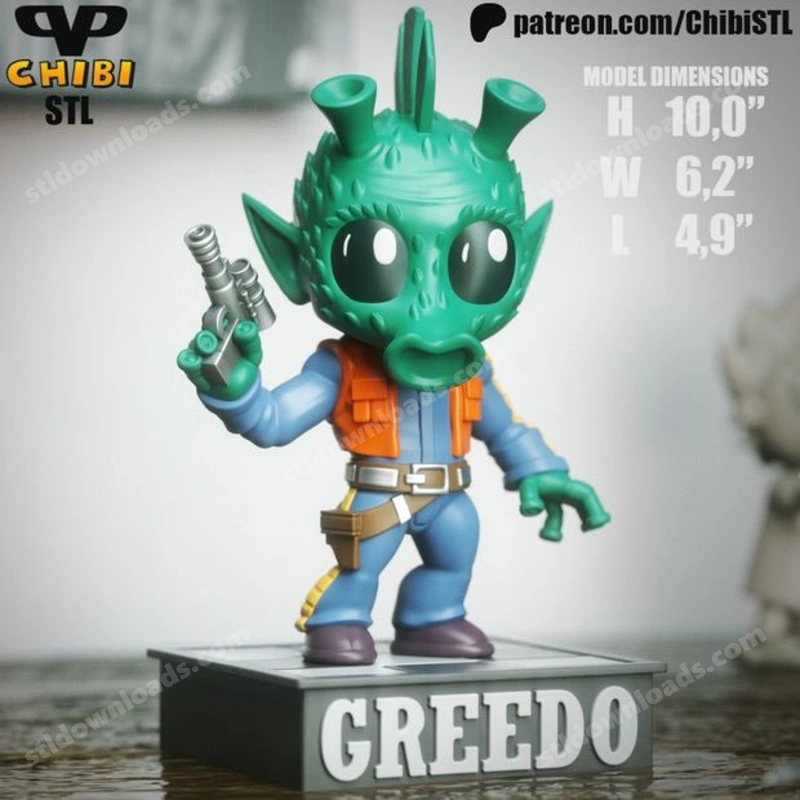 Chibi Greedo Star Wars figure with blaster, orange vest, and oversized eyes