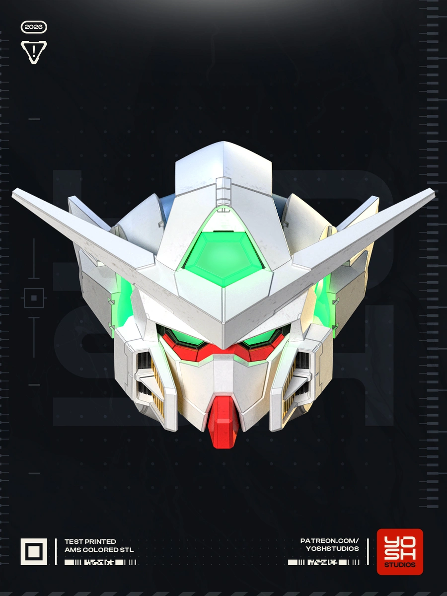 Gundam Exia helmet 3D model with white armor, green panels, red accents, and side fins