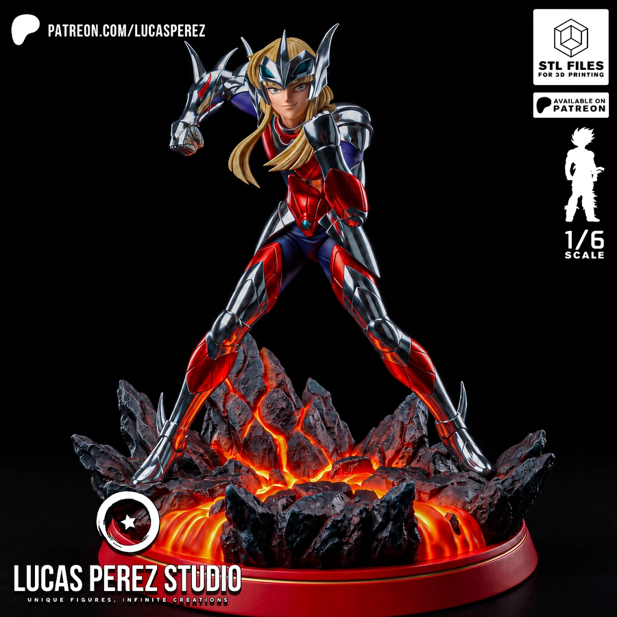Hagen from Saint Seiya in ornate armor on a molten volcanic display base