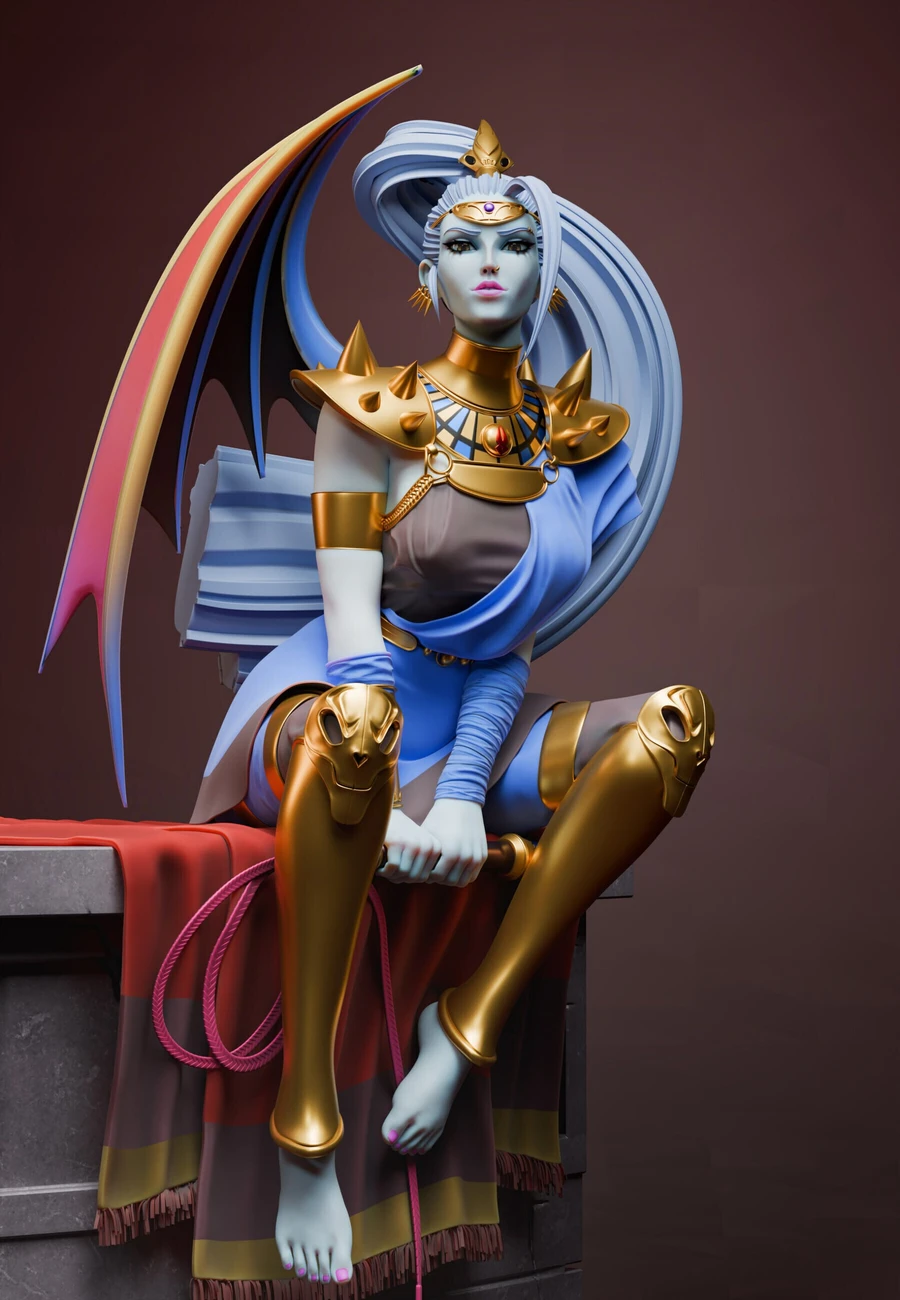 Megaera from Hades seated in gold armor with blue hair, wings, and draped fabric