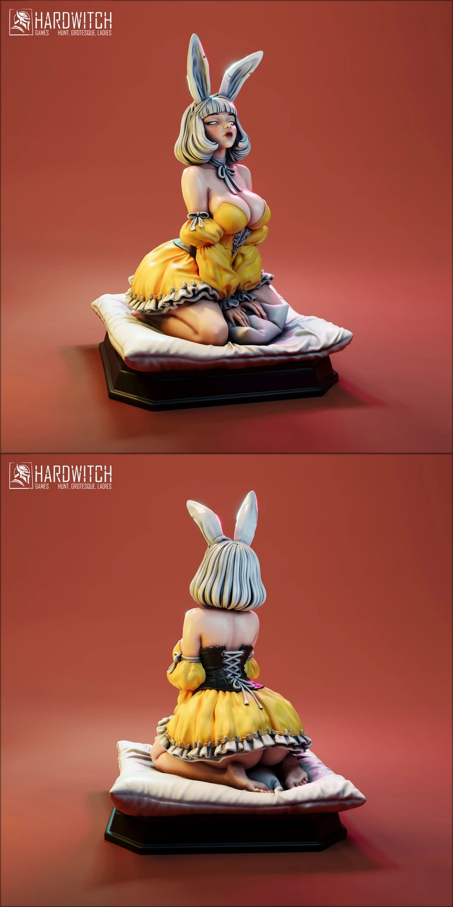 Seated Miko Bunny character statue in a yellow dress on a cushion and display base