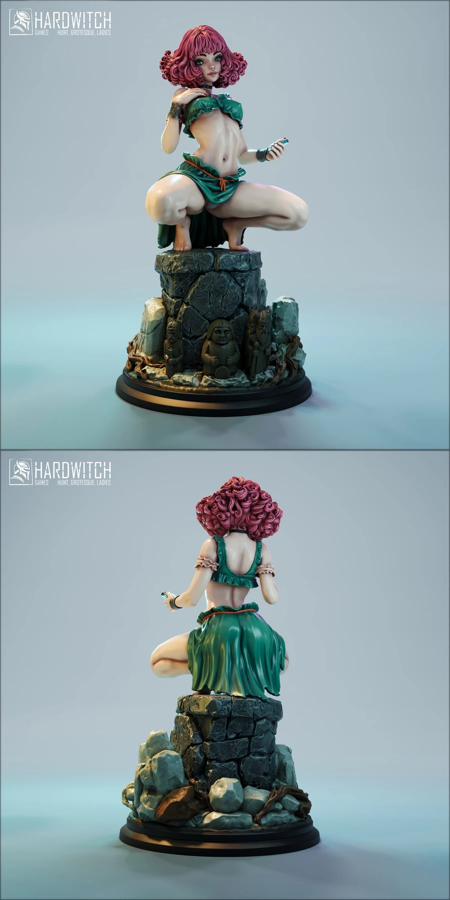 Asiri original character statue with pink hair on a stone ruin pedestal
