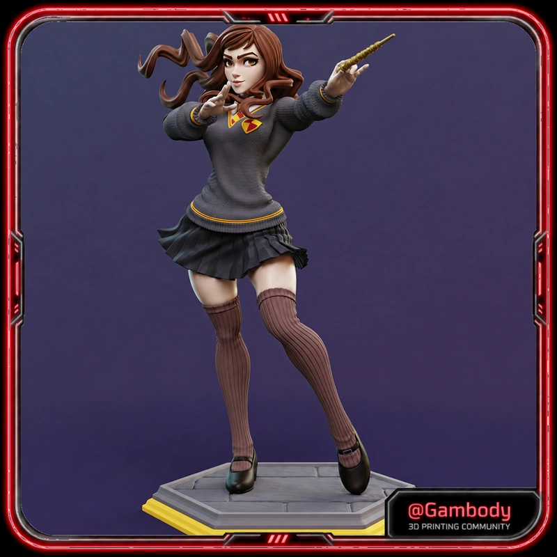 Hermione Granger fan art figure with wand, Hogwarts uniform, and display base