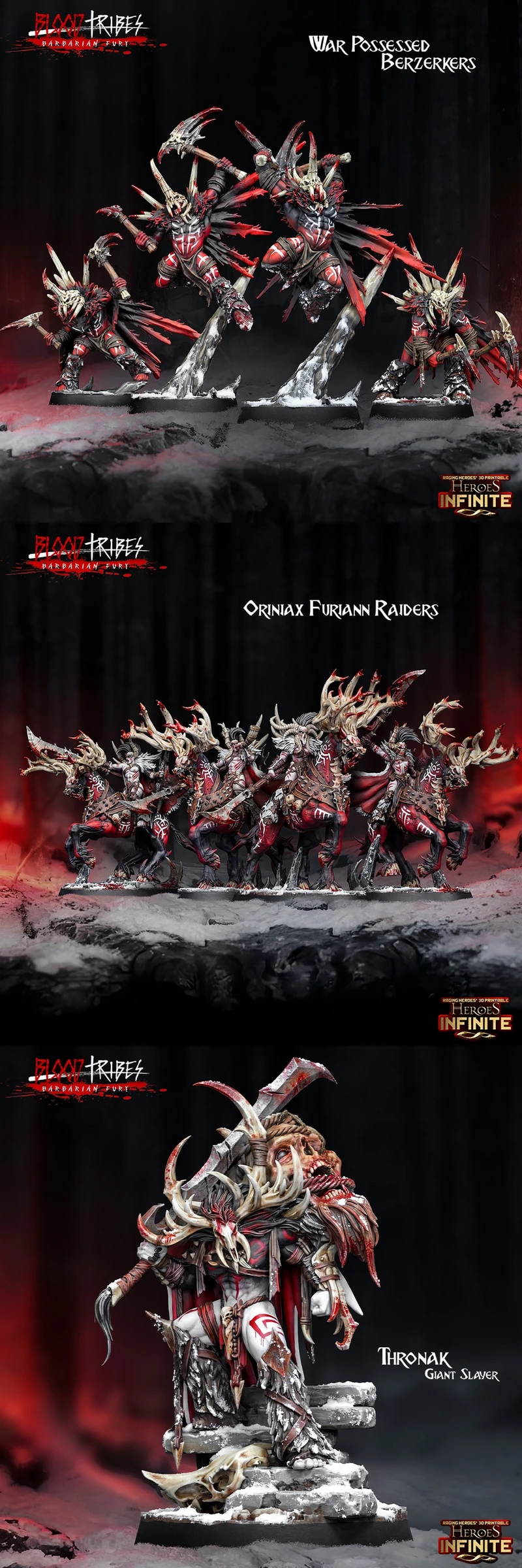 Horned Blood Tribes warriors, antlered raiders, and a giant slayer miniature