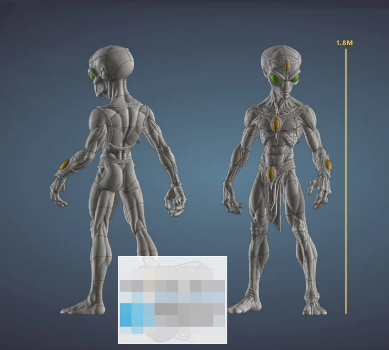 Alien Leader 3D model shown front and back with green eyes and biomechanical details
