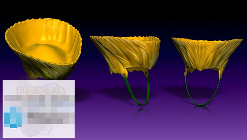 Gold Guile Street Fighter model with green loops shown from three angles