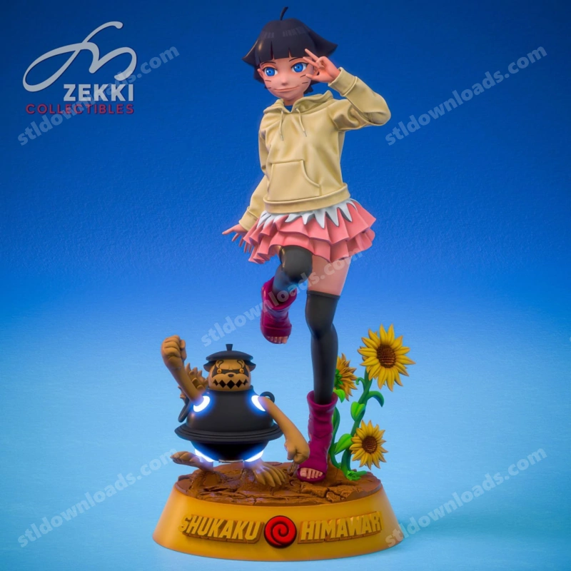 Himawari and Shukaku fan art statue with sunflowers on a display base
