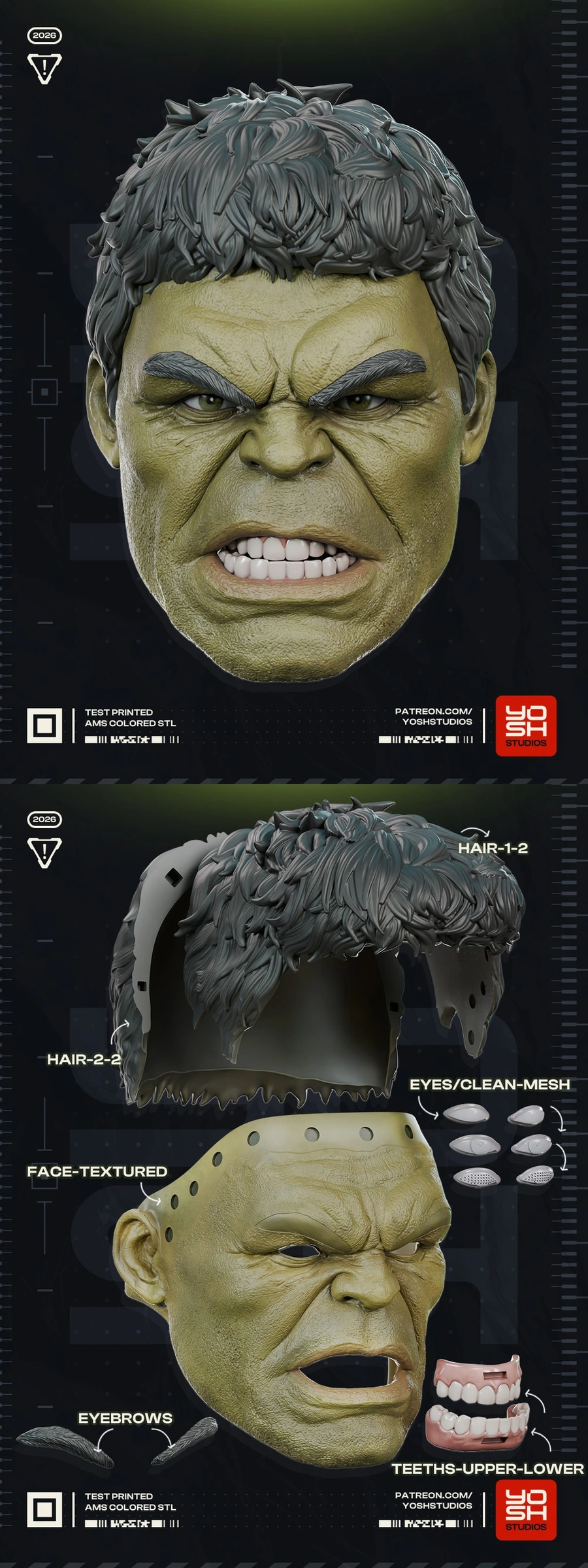 Hulk Brand New Day helmet model with textured face, hair, eyes, brows, and teeth