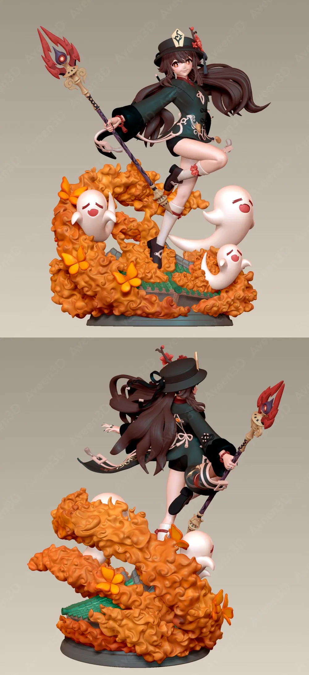 Hu Tao Genshin Impact 3D model with polearm, ghosts, flames, and display base