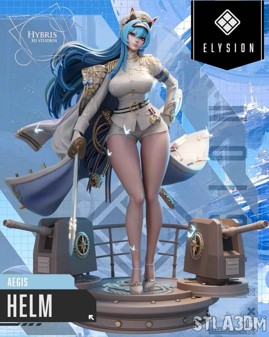 Helm original character figure with blue hair, white uniform, cape, sword, and display base