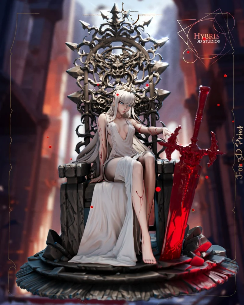 Tearful Queen Wuthering Waves statue with pale-haired figure, throne, and red sword