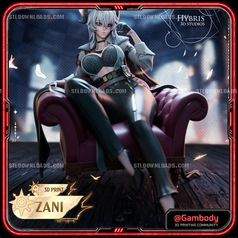 Zani from Wuthering Waves seated in a burgundy chair as a 3D printable character figure.