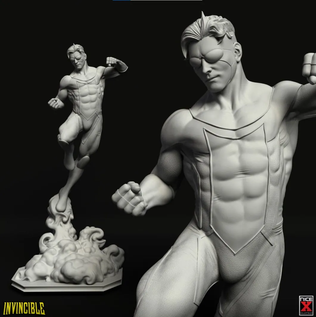 Invincible superhero statue in a flying pose on a sculpted smoke base