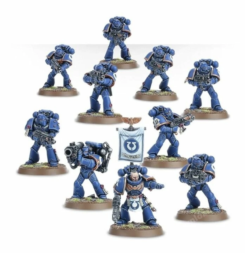 Blue armored Warhammer 40,000-style miniatures with weapons, bases, banner, and commander