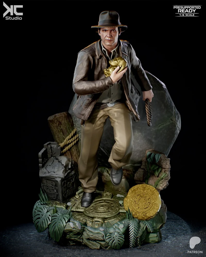 Indiana Jones statue holding the Golden Idol on a jungle ruins display base