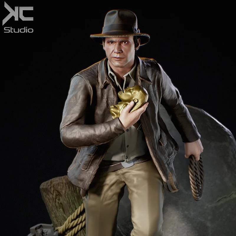 Indiana Jones figure wearing a fedora and holding a golden idol