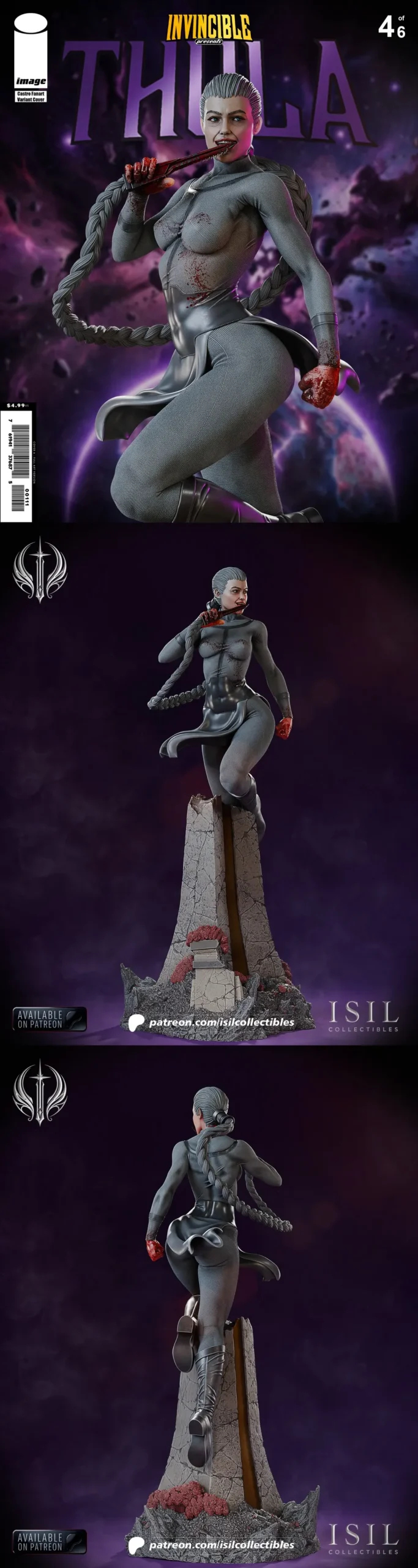 Thula Invincible character statue with long braids on a cracked pedestal