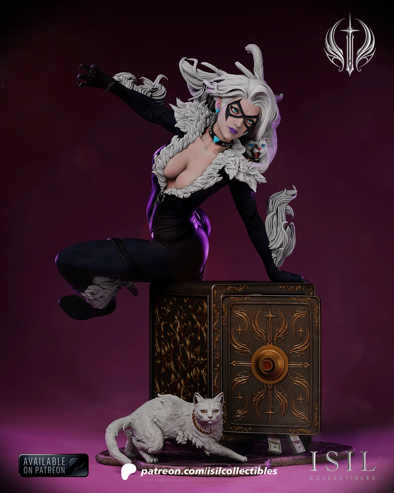 Marvel Black Cat 3D figure with cats perched above an ornate safe