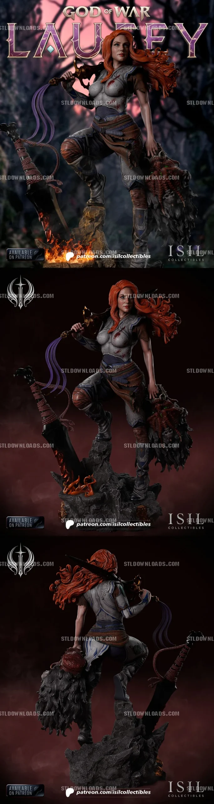Laufey from God of War character statue with red hair and rocky base