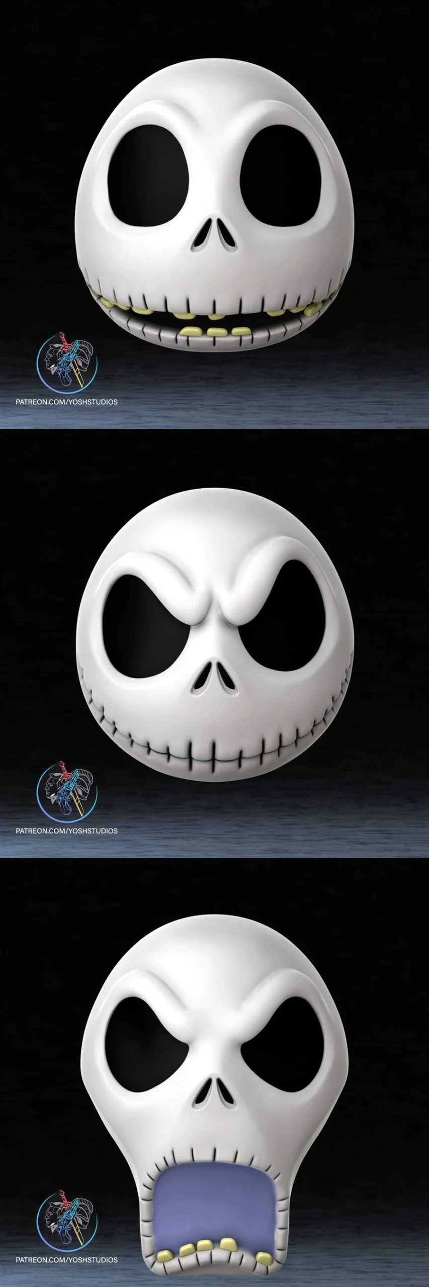 Jack Skellington skull mask with hollow eyes, stitched grin, and open-mouth variations