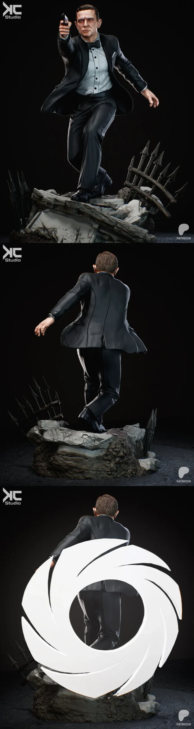 James Bond 3D statue in tuxedo aiming a pistol on a rubble base