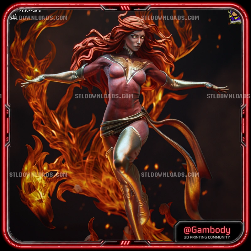 Jean Grey as Dark Phoenix posed with flowing red hair and flames