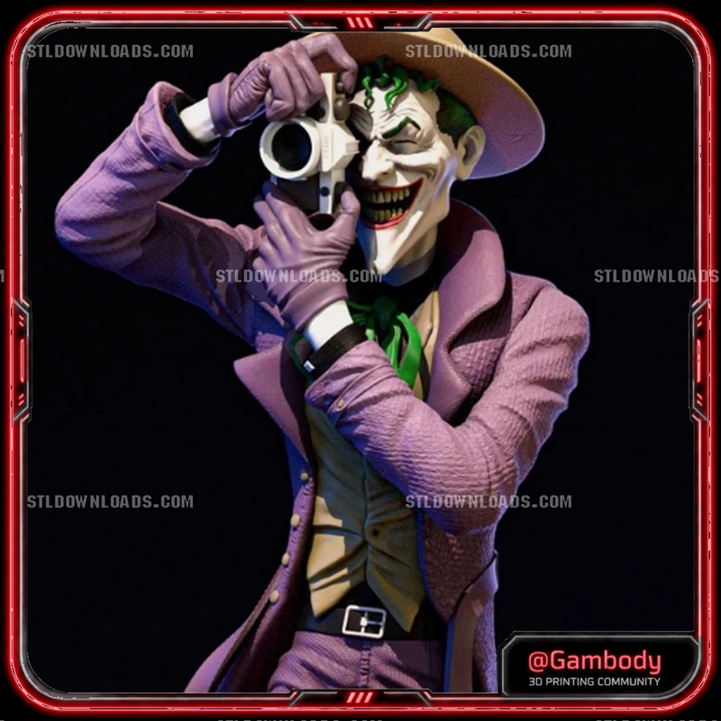 Joker in a purple suit holding a camera, with green hair and a wide red grin