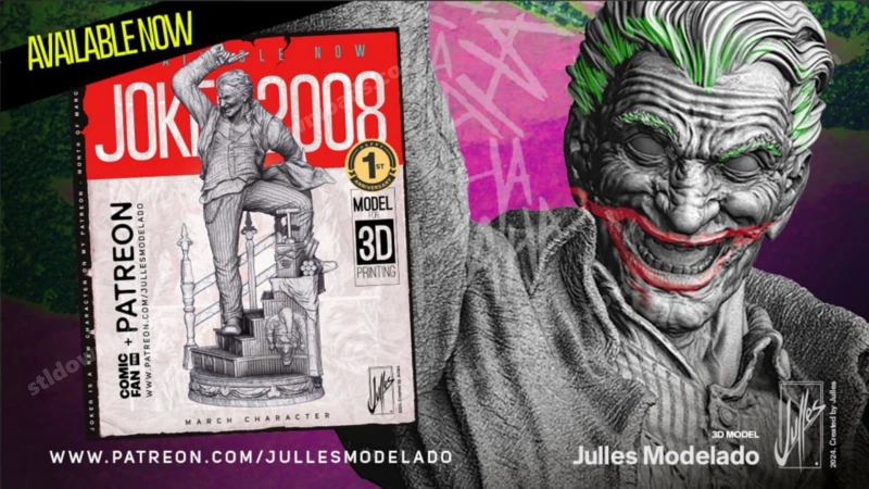 Joker 2008 DC Comics 3D character model with green hair and red grin