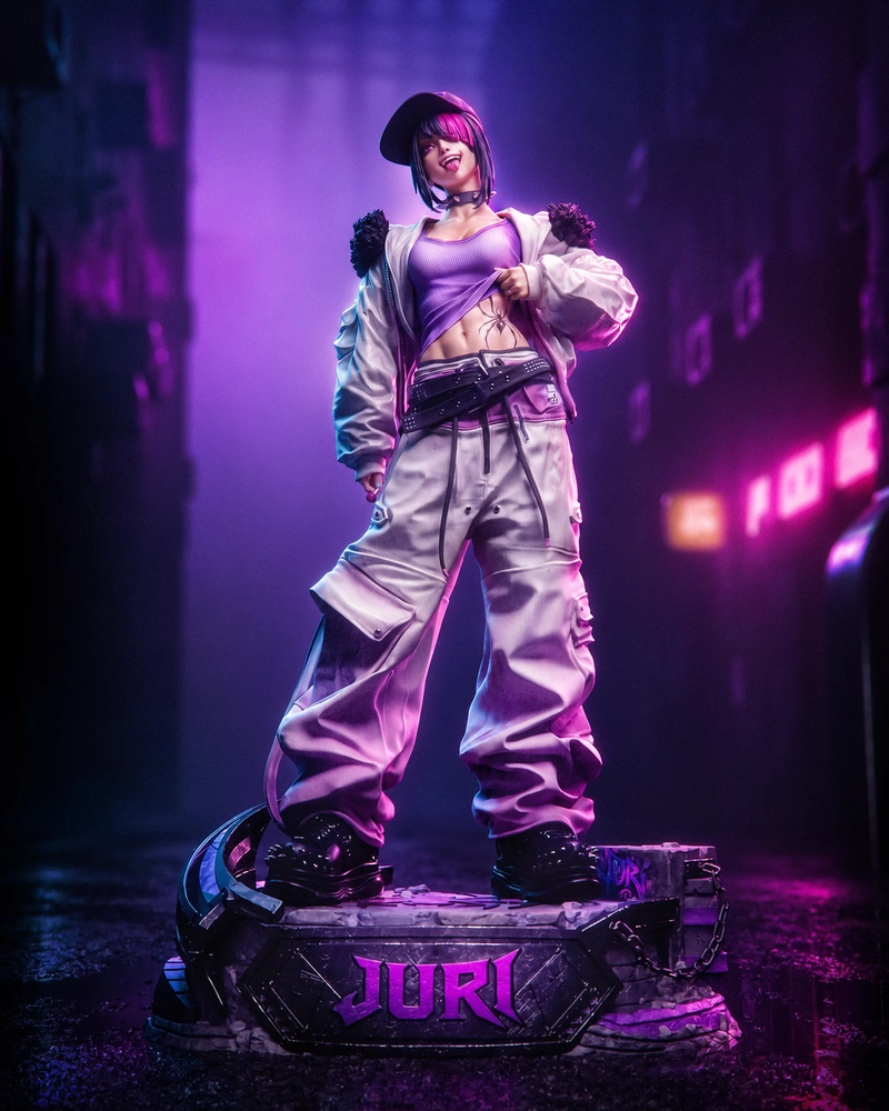 Juri Han Street Fighter figure in a purple outfit on a display base