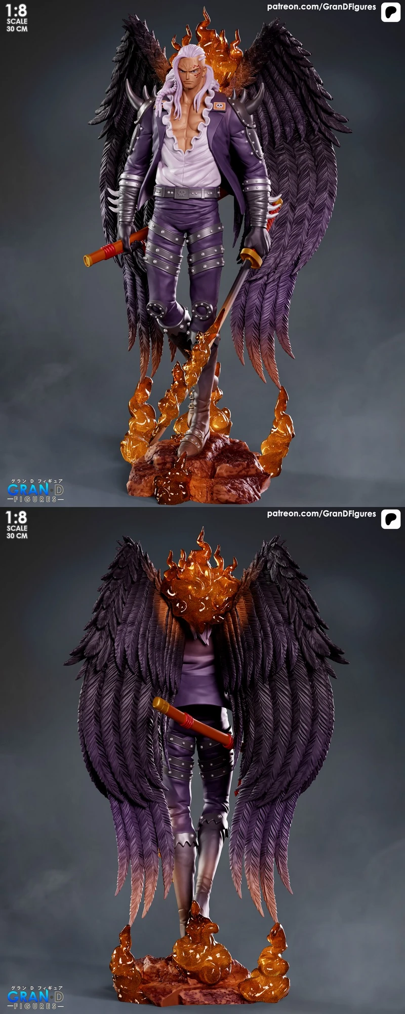 King original character statue with black wings, armor, flames, and a rocky base