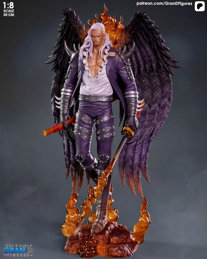 King original character statue with black wings, purple armor, flames, and a rocky base