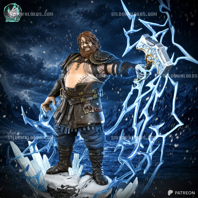 Thor from God of War Ragnarök holding Mjölnir amid blue lightning