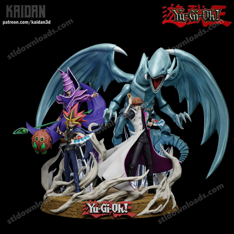 Yugi Muto and Seto Kaiba with Dark Magician and Blue-Eyes White Dragon on a display base