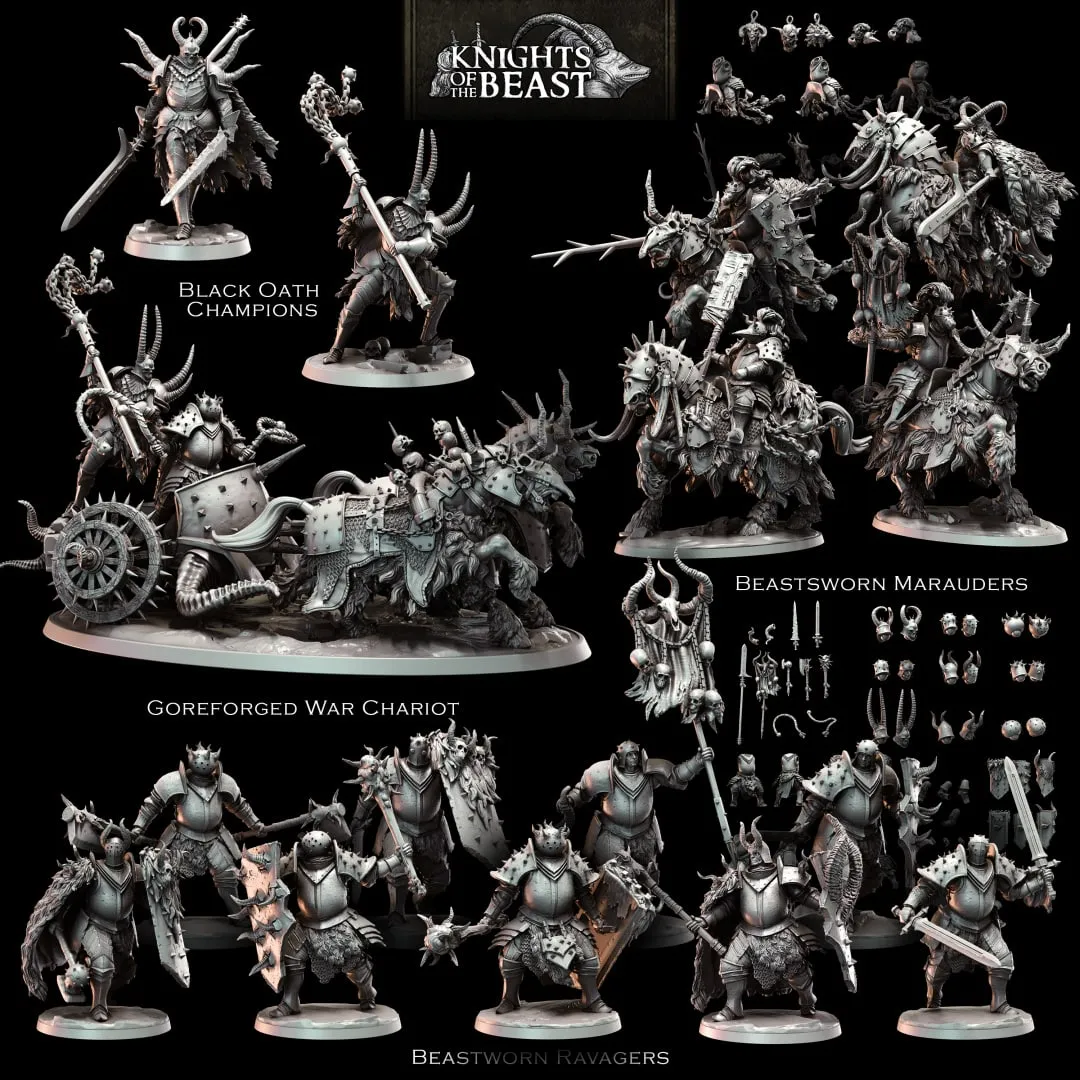 Horned fantasy warriors, beast riders, and a spiked war chariot