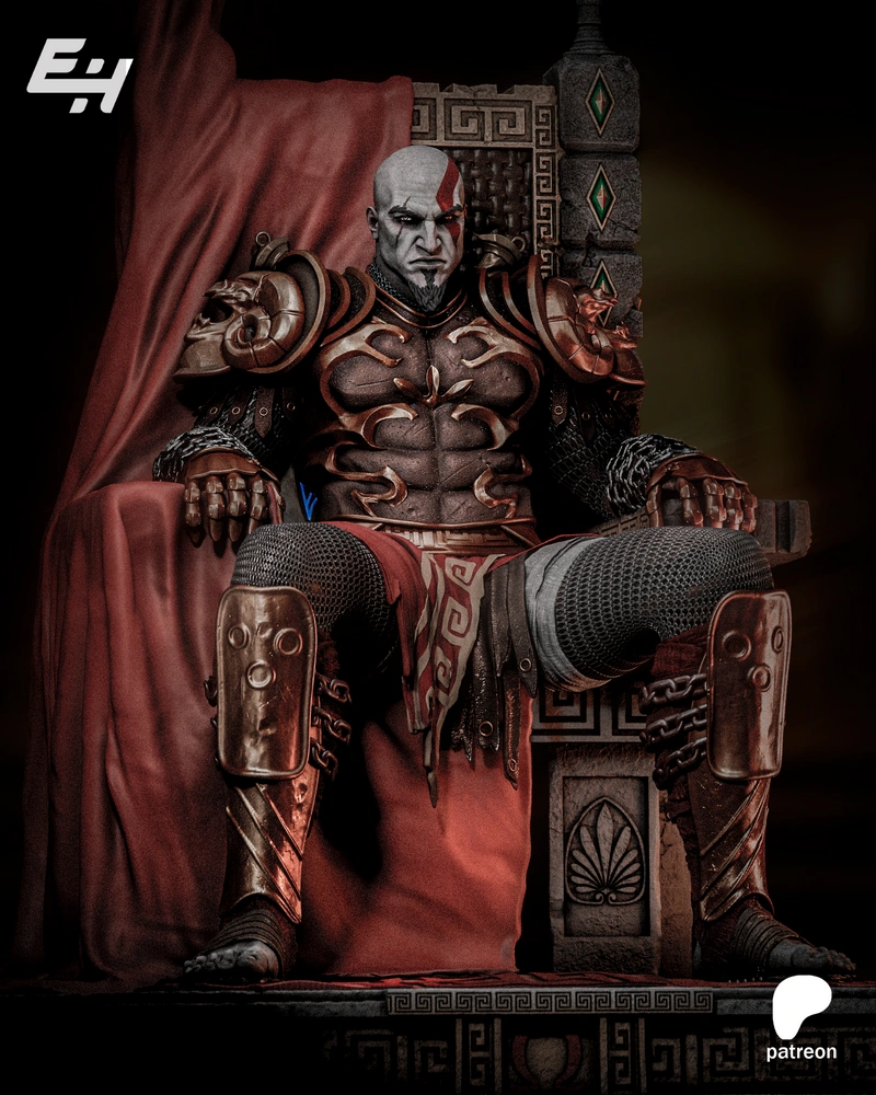 Kratos seated on an ornate throne in detailed armor