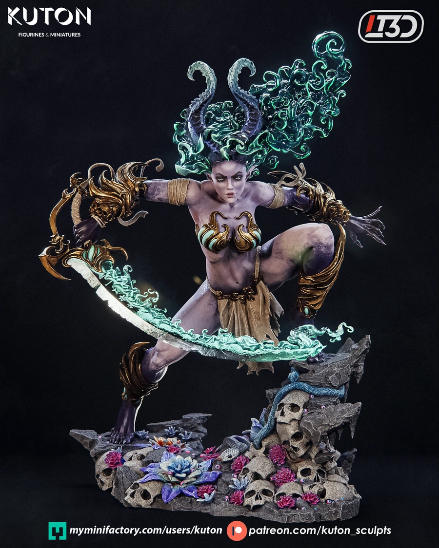 Azuri fantasy character figurine with horns, teal flowing hair, gold armor, curved blade and skull-covered base