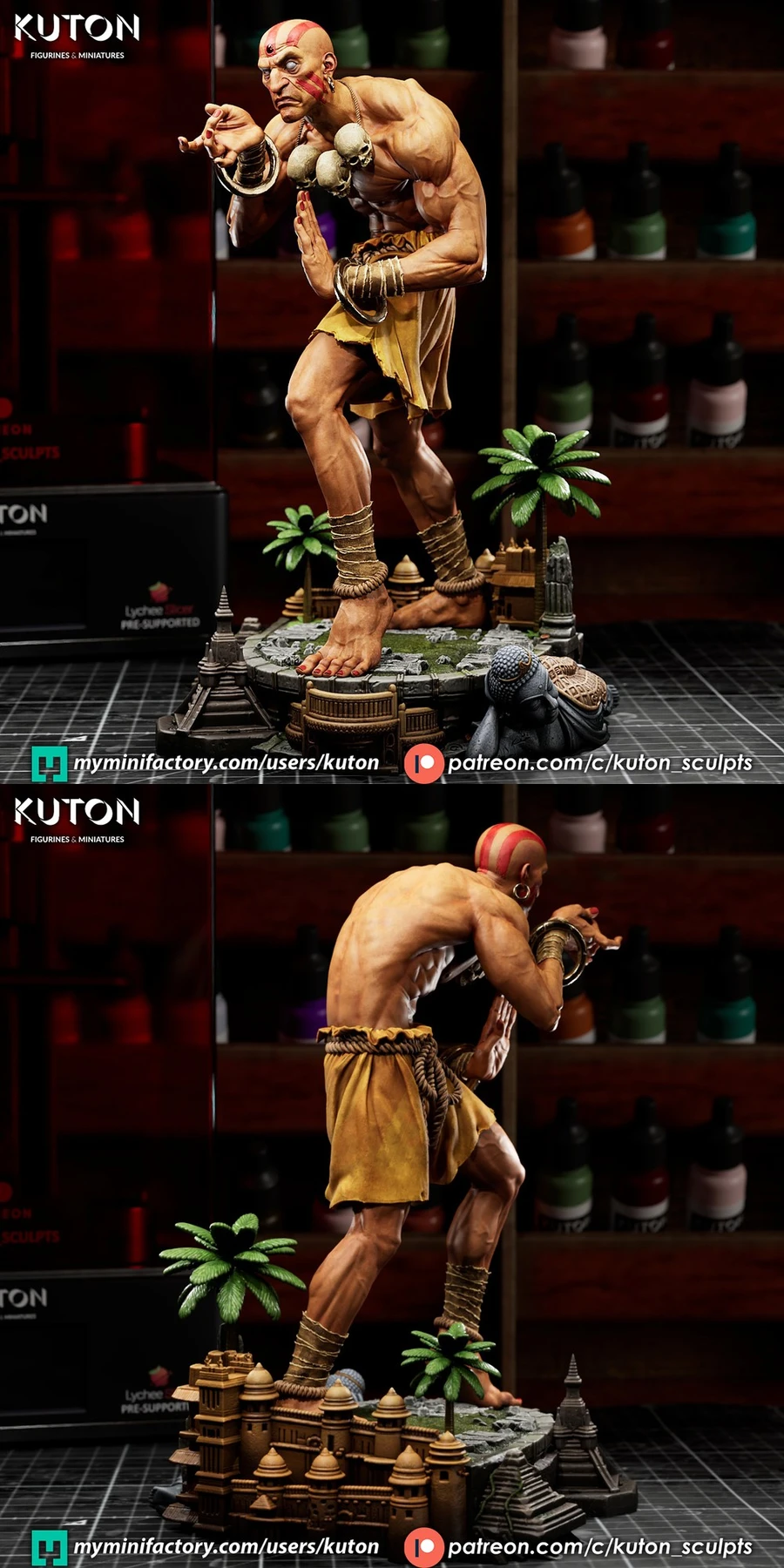 Dhalsim Street Fighter 3D statue with skull necklace on a temple base