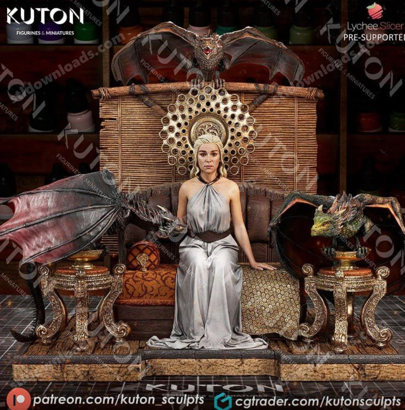 Daenerys Targaryen seated between dragons in an ornate throne scene