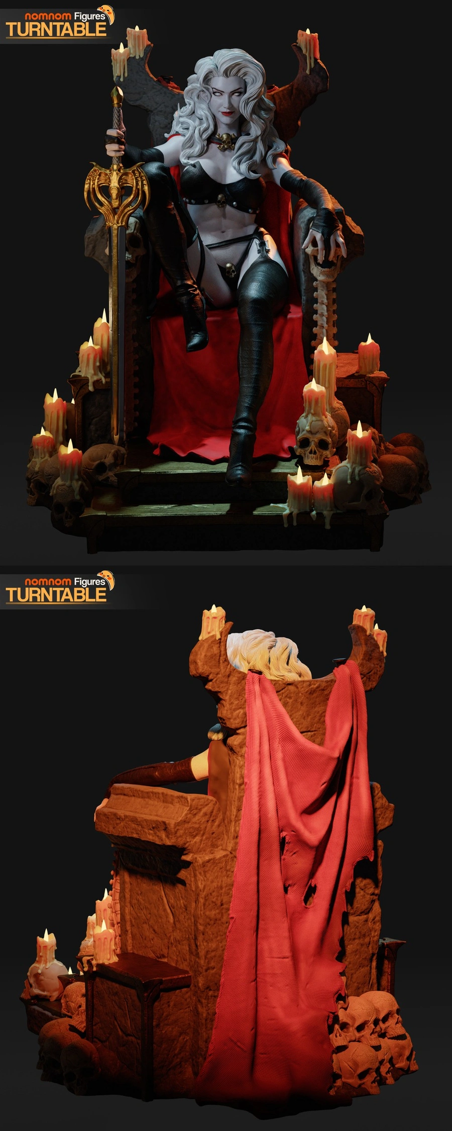 Lady Death seated on a throne with a sword, candles, skulls, and a red cape