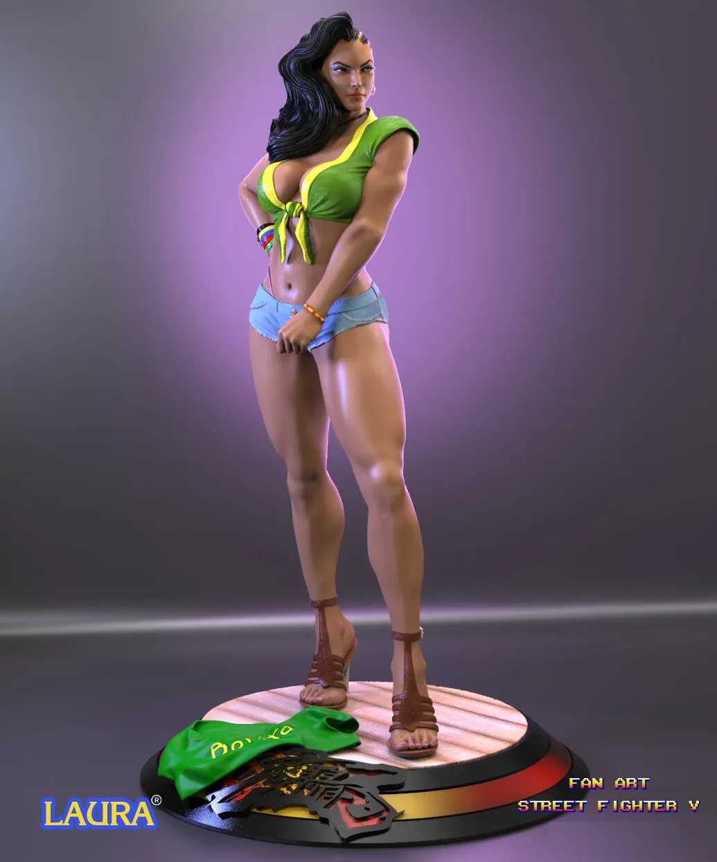 Laura Matsuda Street Fighter figure in a green top on a display base