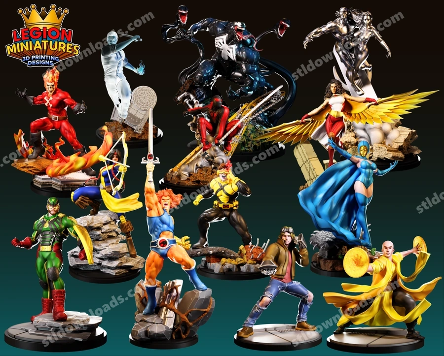 Colorful comic-style miniature character statues arranged on display bases
