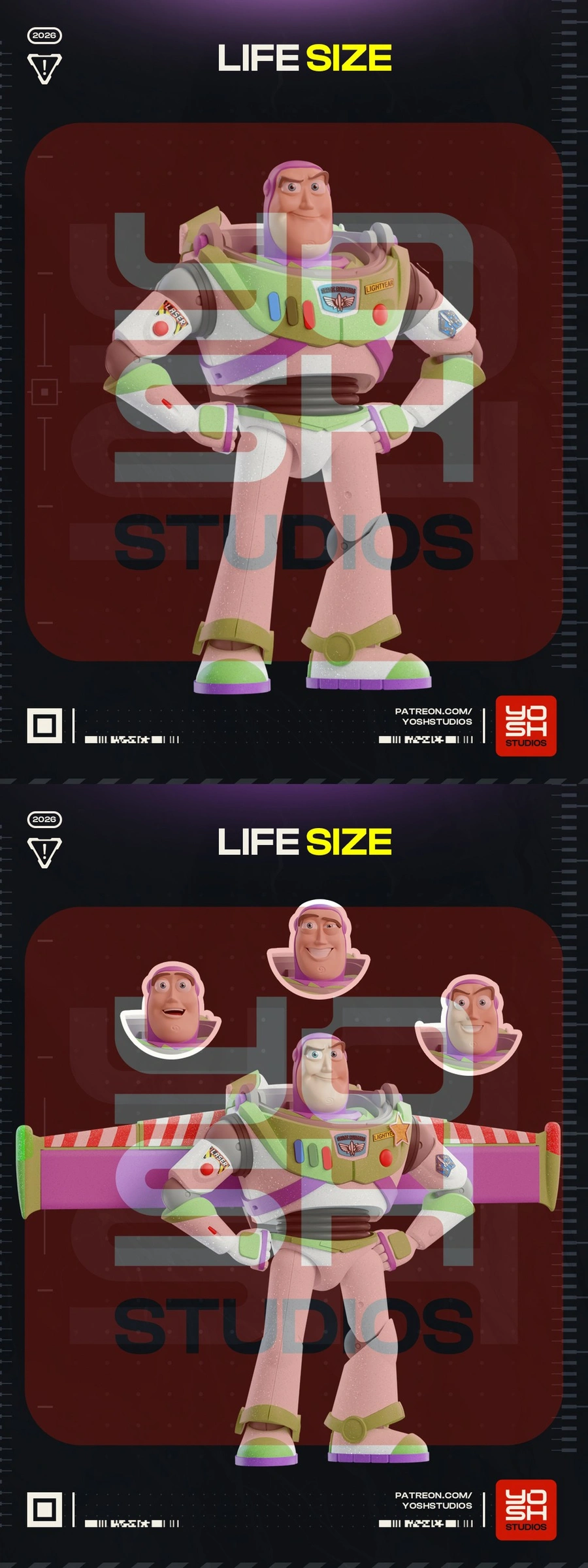 Buzz Lightyear life-size 3D figure in a white, green, and purple space suit